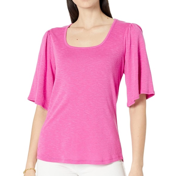 Nic+Zoe Square Neck Flutter Sleeve Tee in Freesia - Size M - Picture 1 of 9